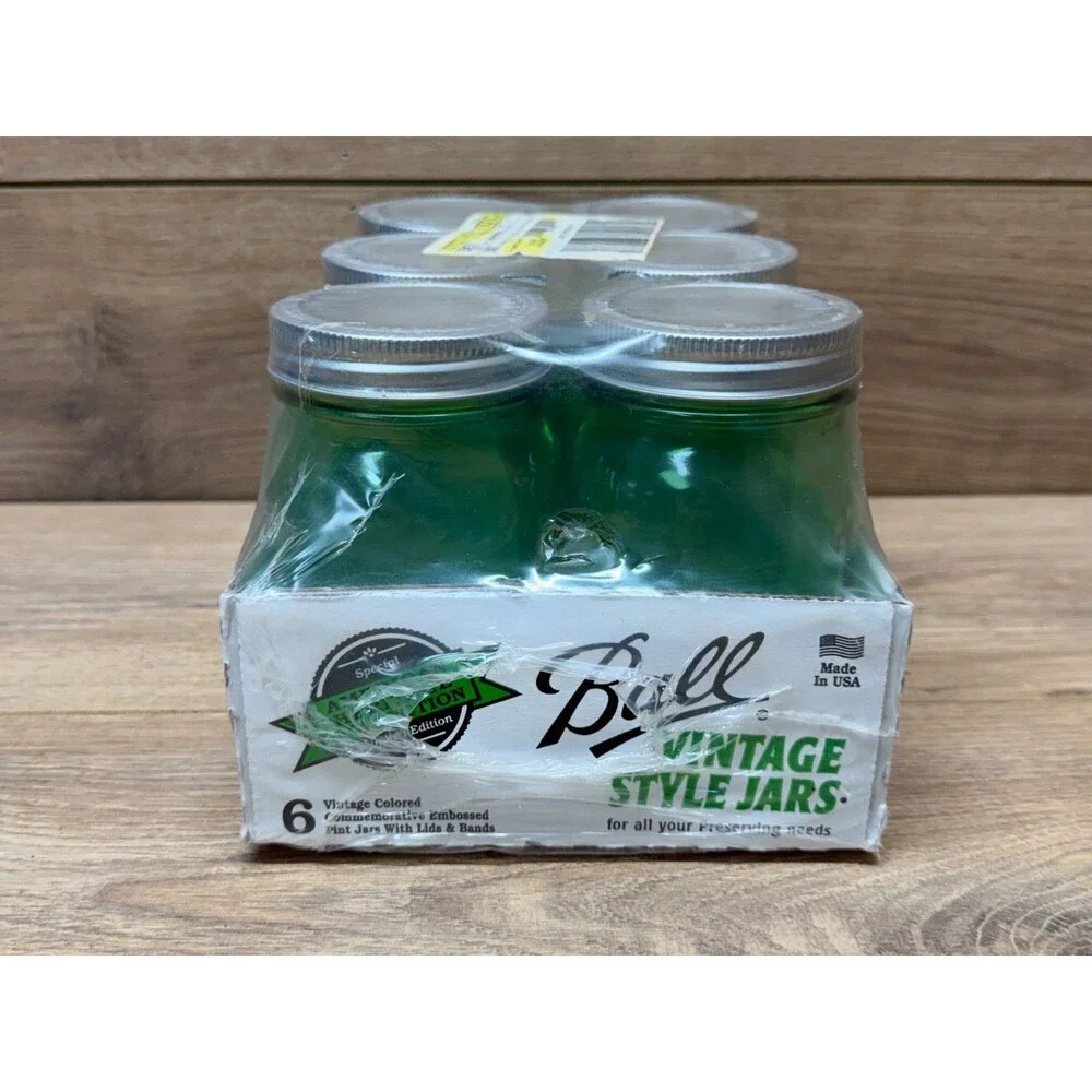 Ball Pint Mason Jars 100th Anniversary Limited Edition Full 6 Pack Green - New!